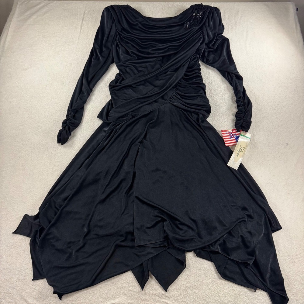 Filigree Cocktail Dress Womens 10 Black NEW Vintage 80s Ruched Handkerchief Hem